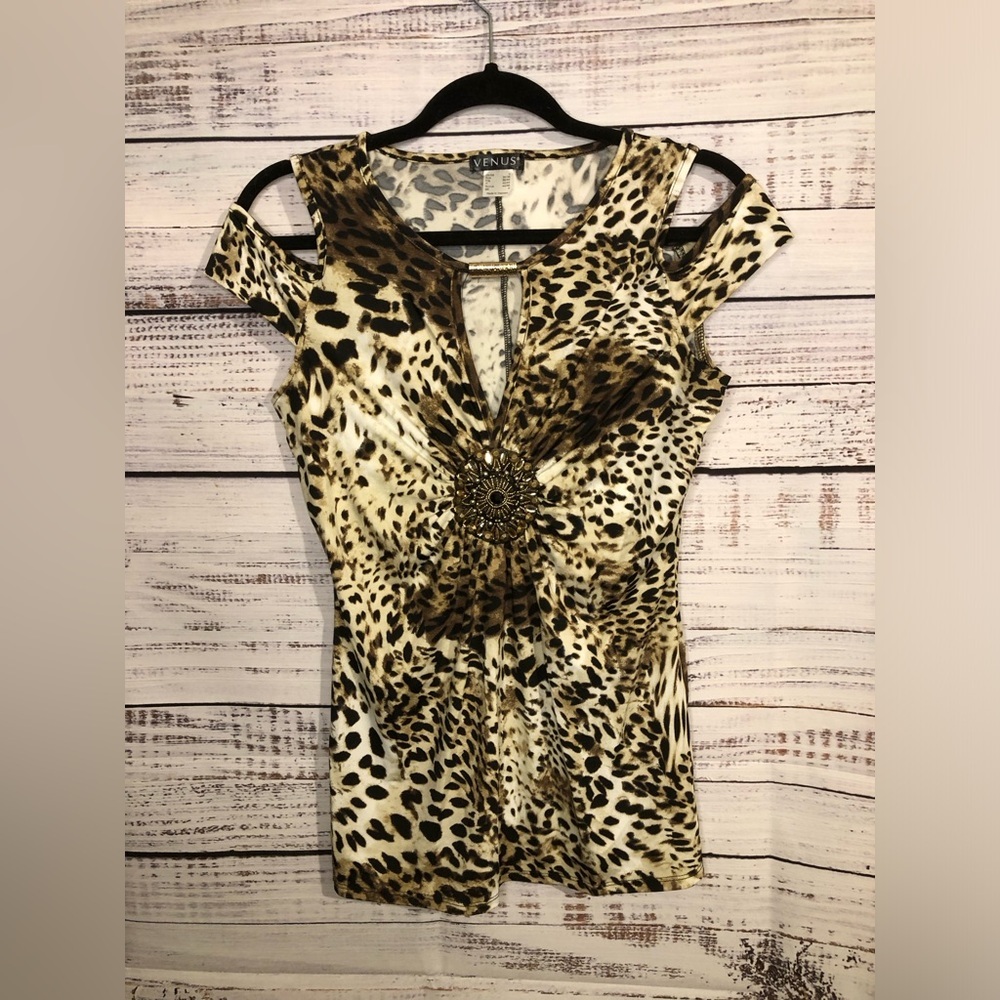 VENUS Brown Animal print Top with Cut Out Deep V-Neck